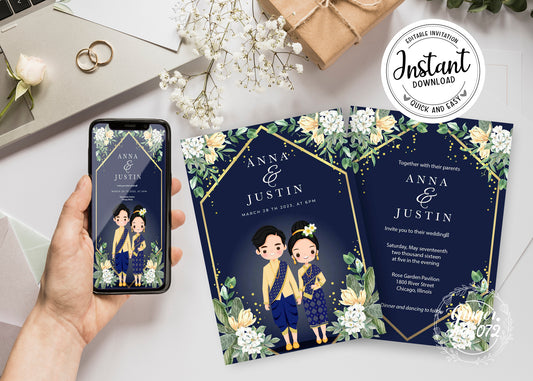 Cute Asian, Khmer, Lao, Thai Wedding invitation, E-Invite template #sewc211201