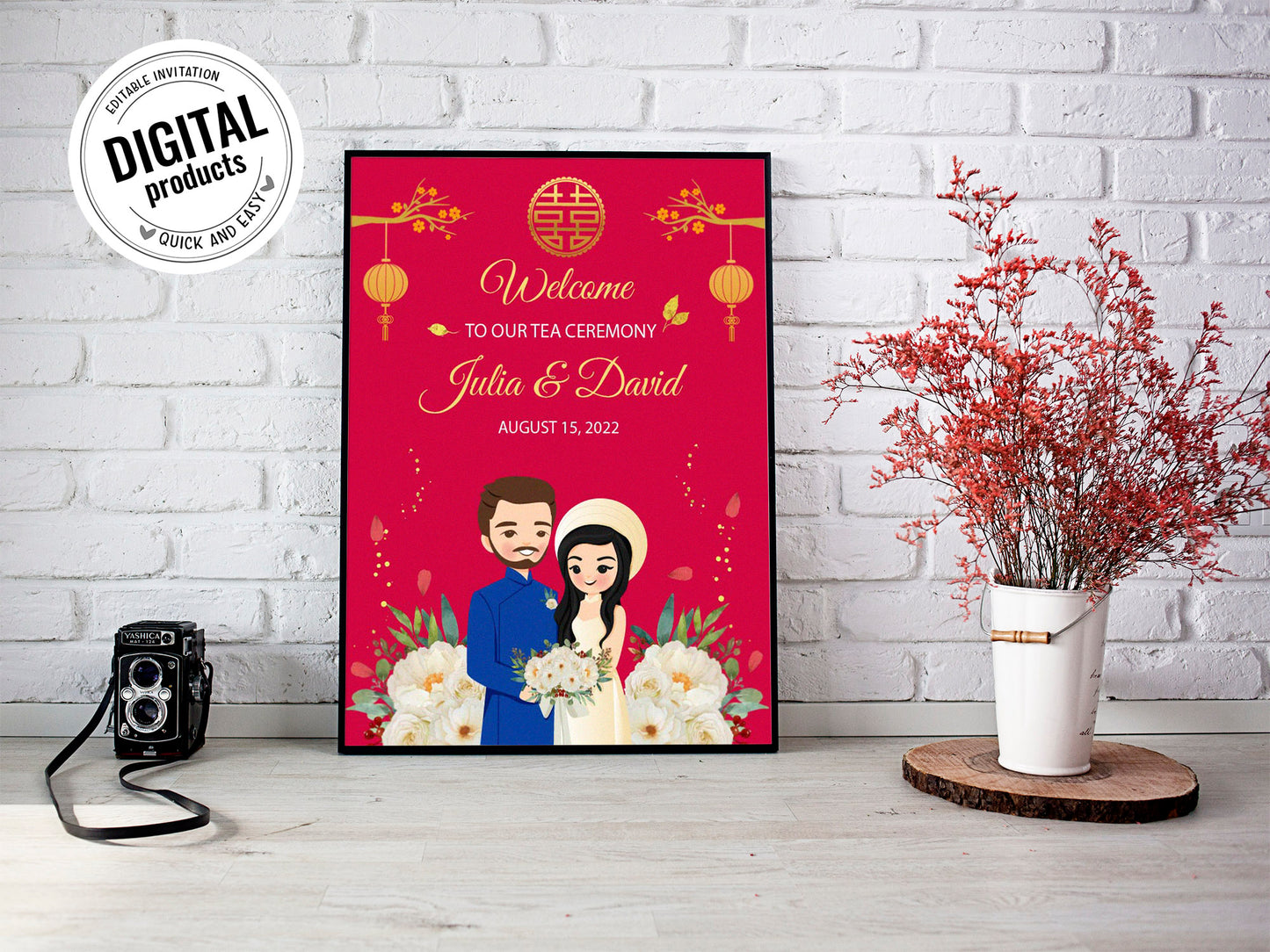 Cute Vietnamese Wedding, Tea ceremony, Welcome signage template #wcsl230301