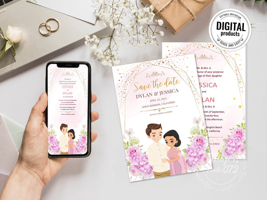 Cute Asian, Khmer, Lao, Thai Wedding invitation, E-Invite template #sewc220903