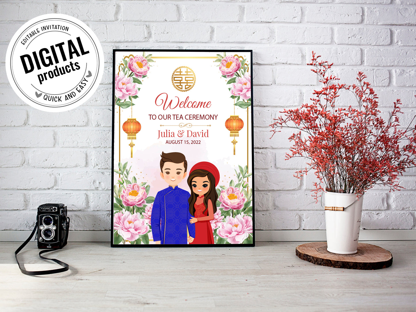 Cute Vietnamese Wedding, Tea ceremony, Welcome signage template #wcsl230903