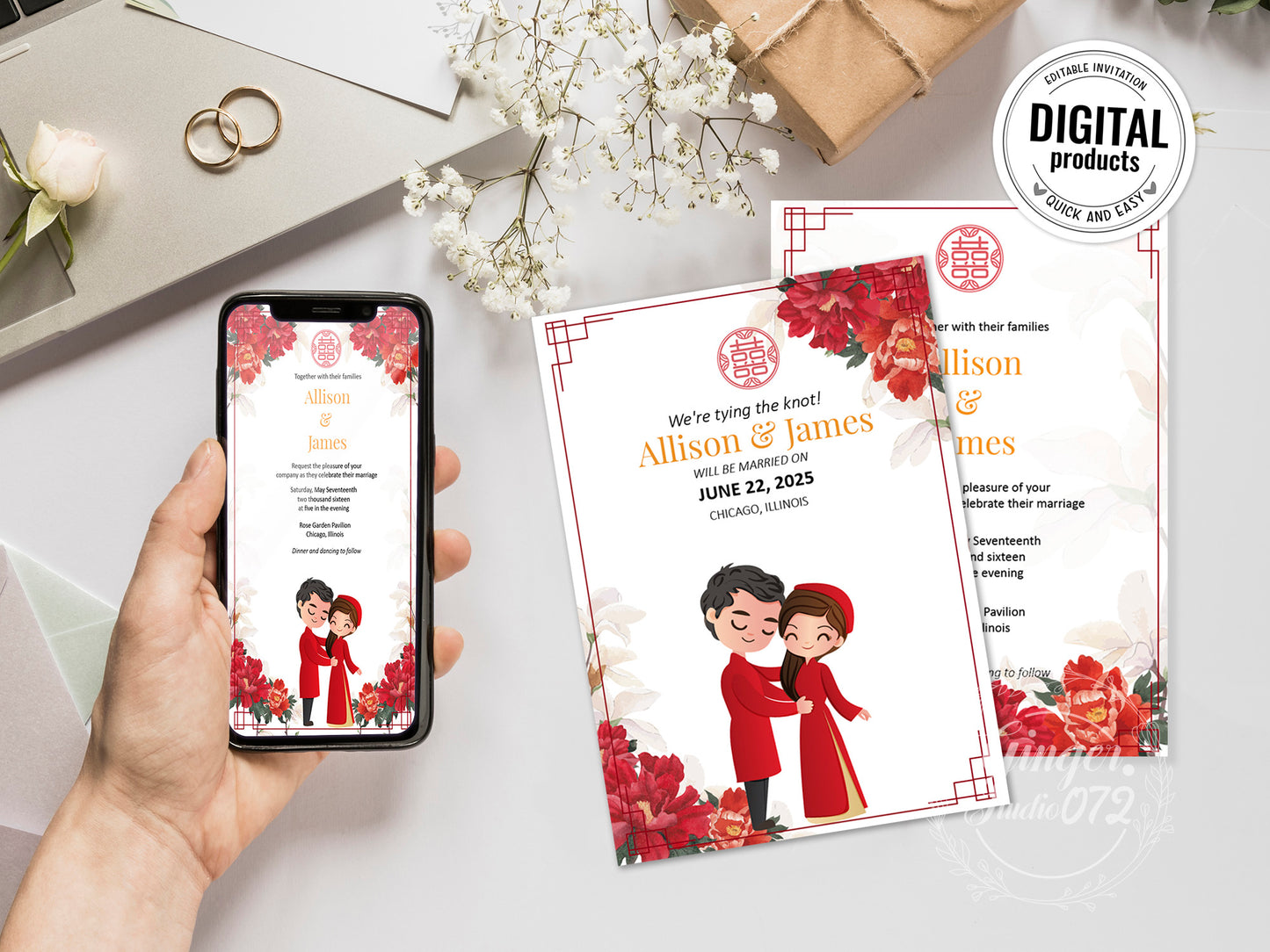 Cute Vietnamese wedding invite, Áo dài theme, Customize Invite Template #vmwd210102