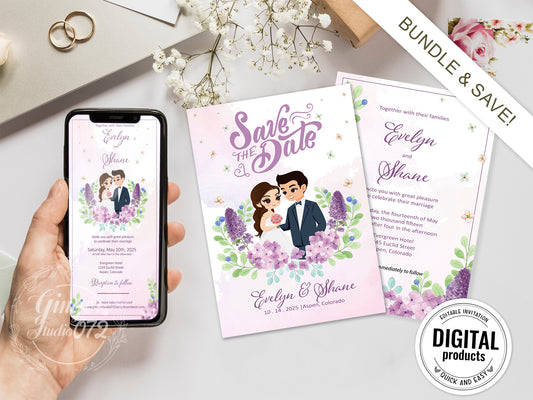 Cute Wedding Invitation, E-invitation, Digital Template  #wd002024