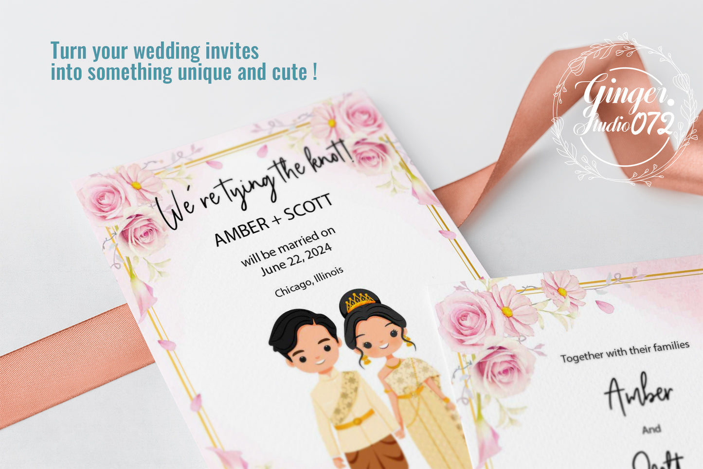 Cute Asian, Khmer, Lao, Thai Wedding invitation, E-Invite template #sewc220105