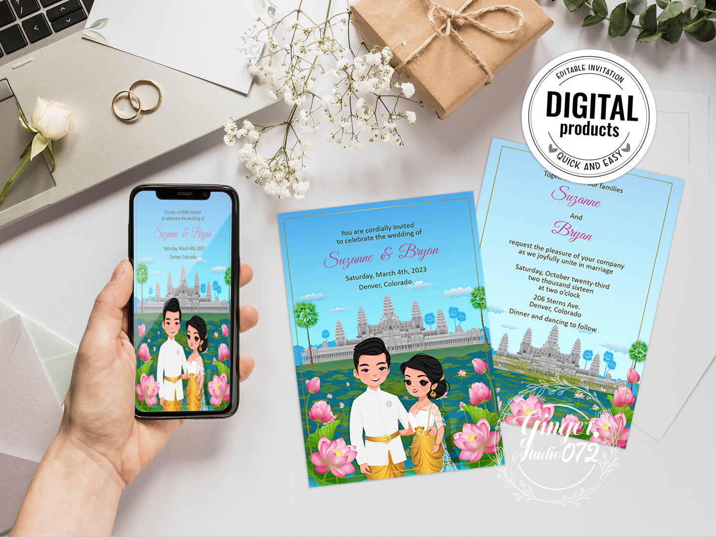 Cute Asian, Khmer, Lao, Thai Wedding invitation, E-Invite template #sewc220802