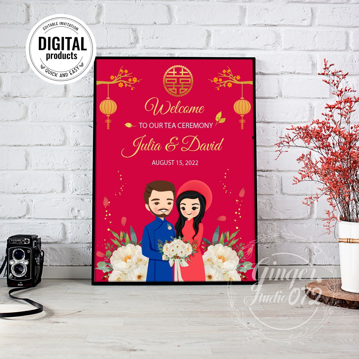 Cute Vietnamese Wedding, Tea ceremony, Welcome signage template #wcsl211101