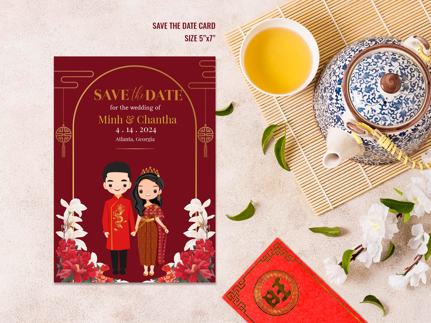 Cute Asian, Khmer, Lao, Thai Wedding invitation, E-Invite template #sewc230302