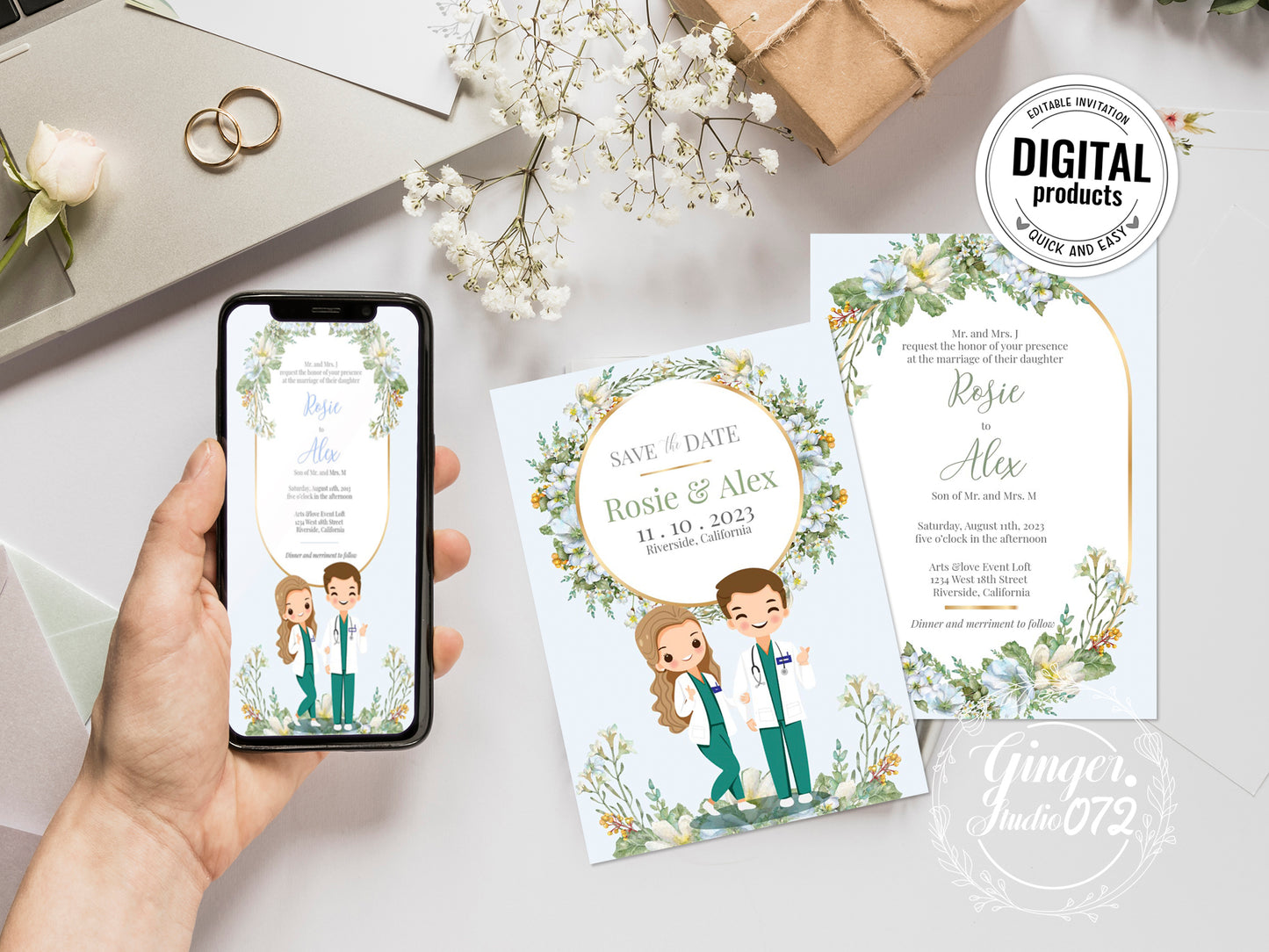 Cute Uniform Wedding, Doctor couple wedding, Invitation Template #UWIV230102