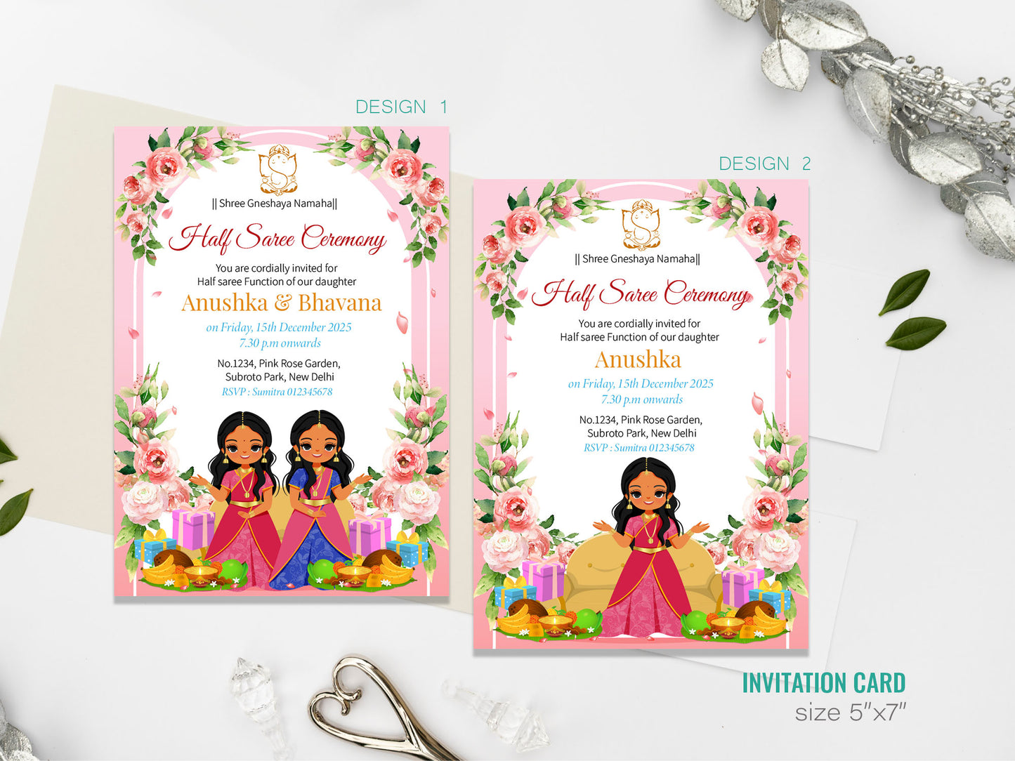 Cute Milestone invite : half saree ceremony, Customize Template  #hfiv220703