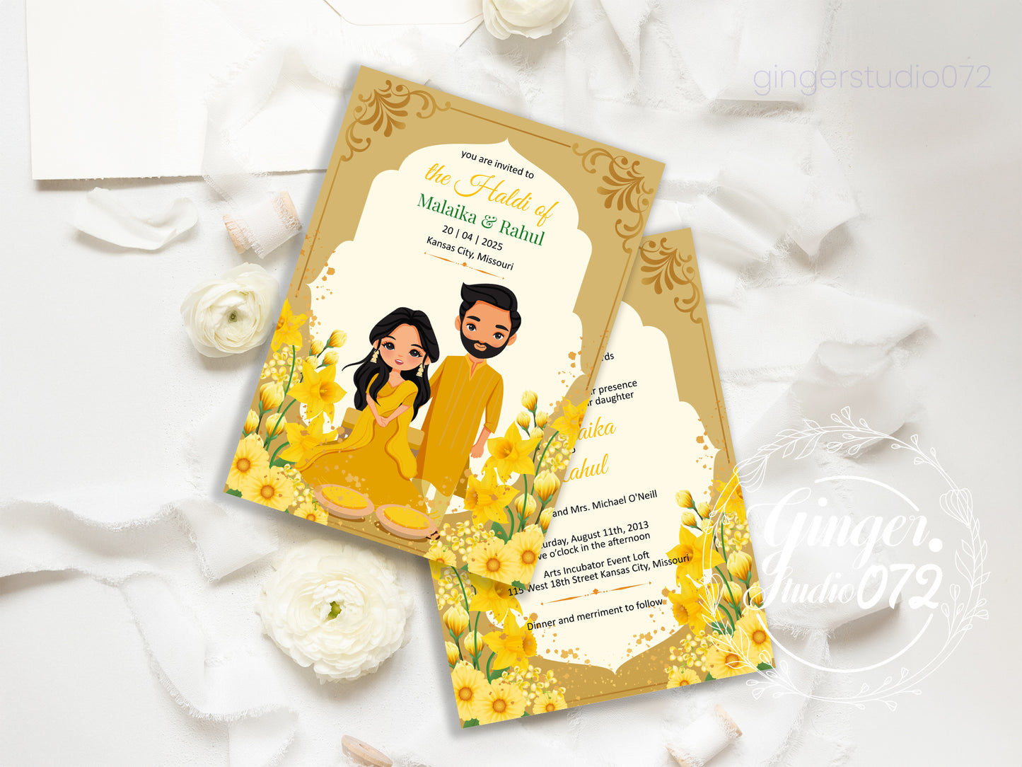 Cute Indian/Hindu wedding invite, Haldi/Mehndi/Sangeet, Customize template #idhd210501