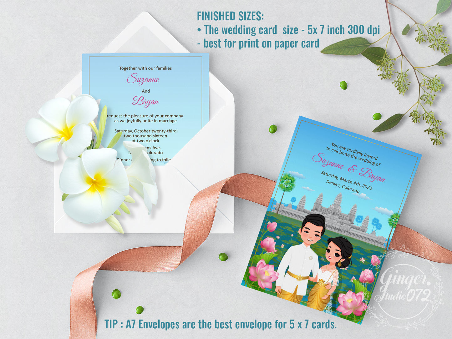 Cute Asian, Khmer, Lao, Thai Wedding invitation, E-Invite template #sewc220802