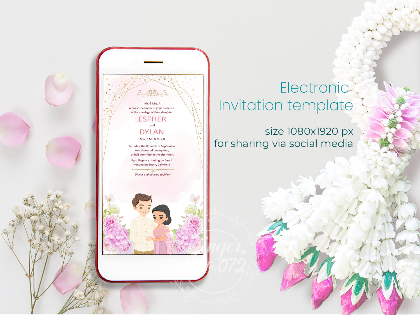 Cute Asian, Khmer, Lao, Thai Wedding invitation, E-Invite template #sewc220903