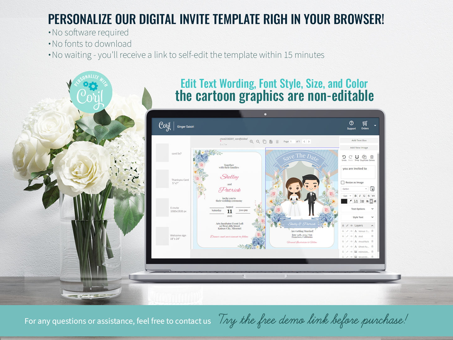 Cute Wedding Invitation, E-Invitation, Digital Template Set #ctwd230201
