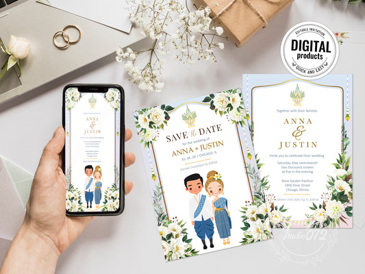 Cute Asian, Khmer, Lao, Thai Wedding invitation, E-Invite template  #sewc230502