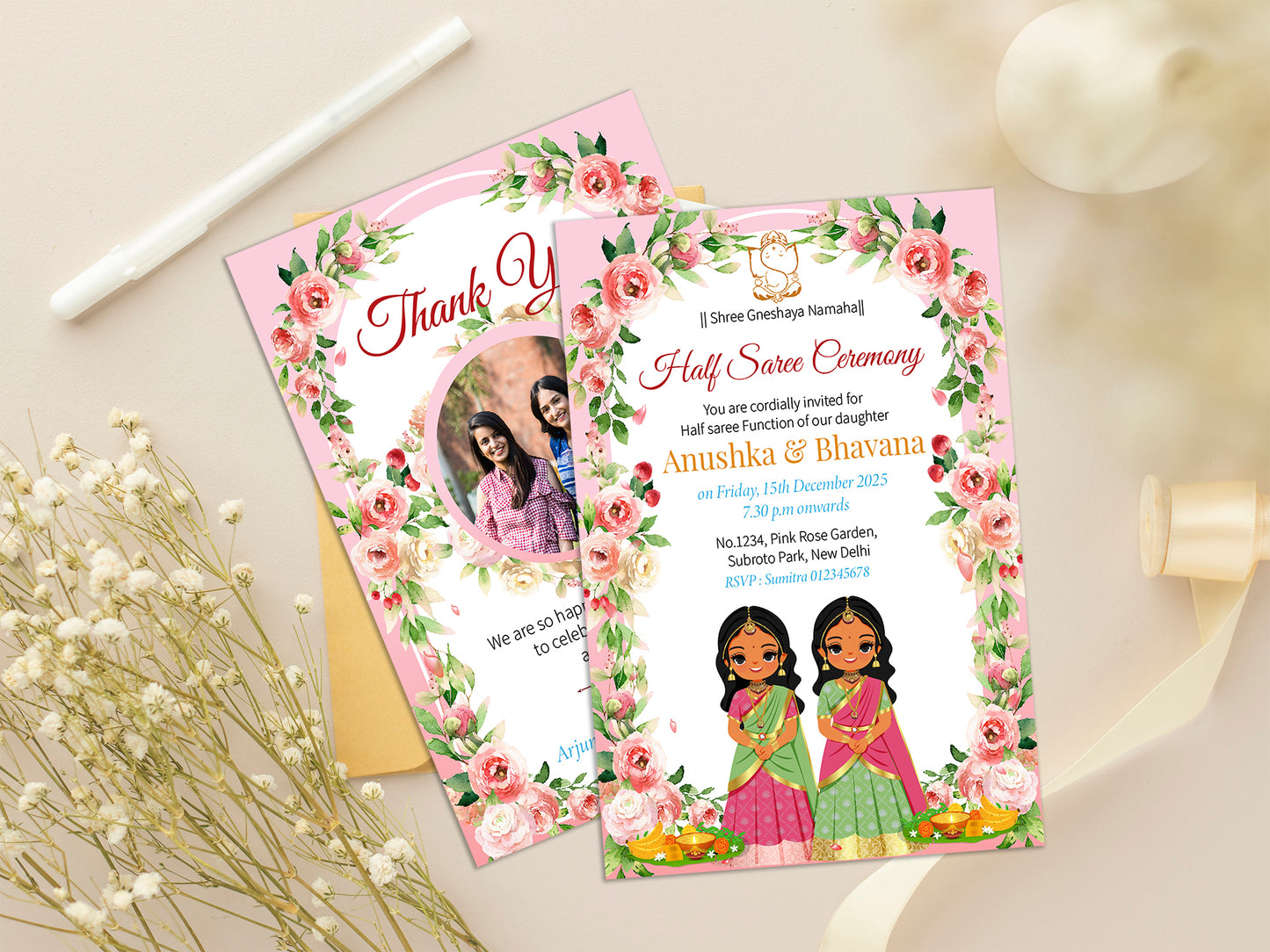 Cute Milestone invite, Half Saree Function Ceremony, Customize Template #CAIV231001