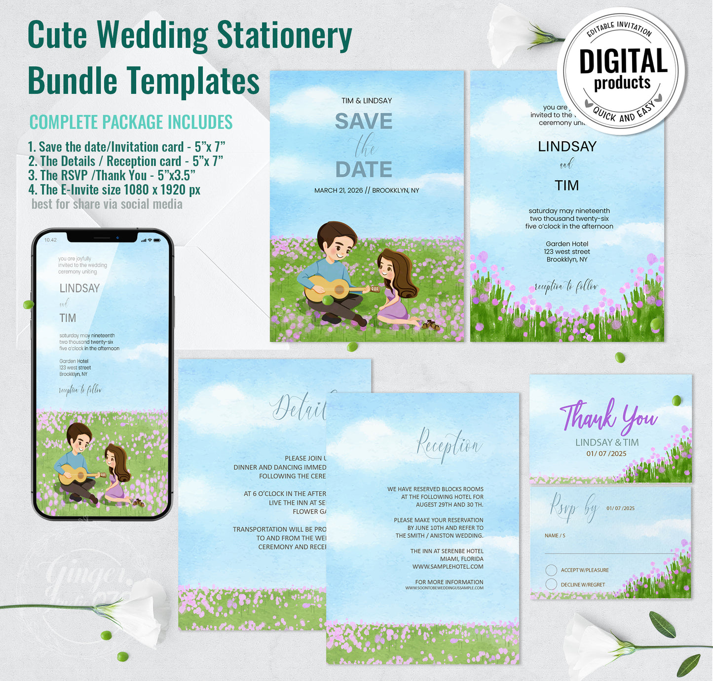 Cute Wedding Invitation, E-Invitation Template Set #cutewd211002
