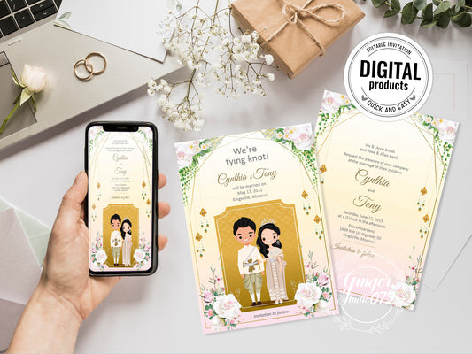 Cute Asian, Khmer, Lao, Thai Wedding invitation, E-Invite template #sewc220902