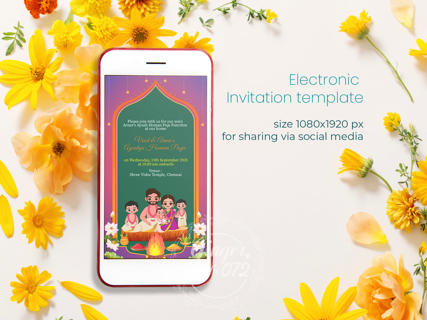 Cute Milestone invite, Ayush Homam Puja Function Cermony, Customize Template #hfiv230602