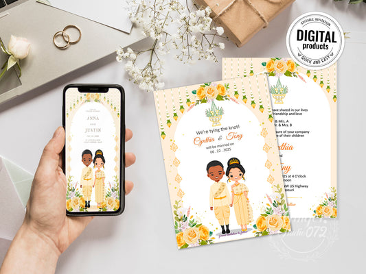 Cute Asian, Khmer, Lao, Thai Wedding invitation, E-Invite template #sewc220102