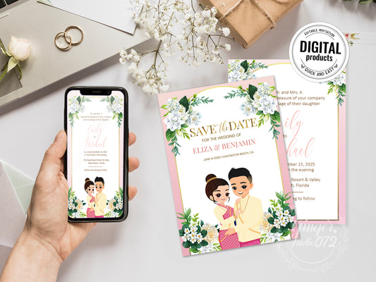 Cute Asian, Khmer, Lao, Thai Wedding invitation, E-Invite template #sewc230606