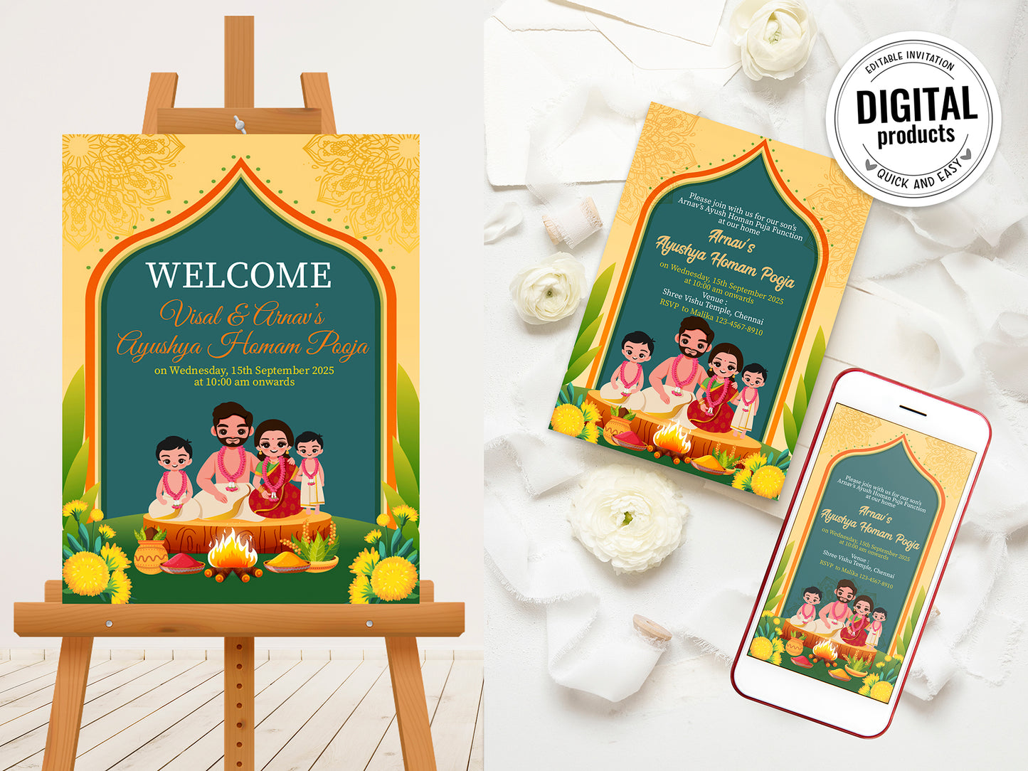 Cute Milestone invite, Ayush Homam Puja Function Ceremony, Customize Template #hfiv230601