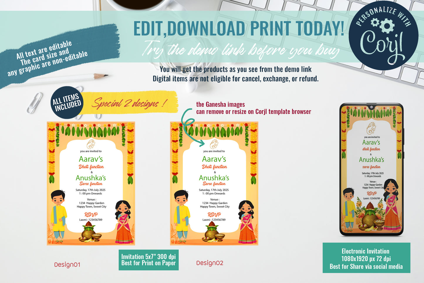 Cute Milestone invite, Half Saree & Dhoti Function Ceremony, Customize Template #hfiv220801