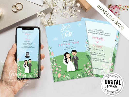 Cute Wedding Invitation, E-Invitation, Digital Template Set ##wd2271