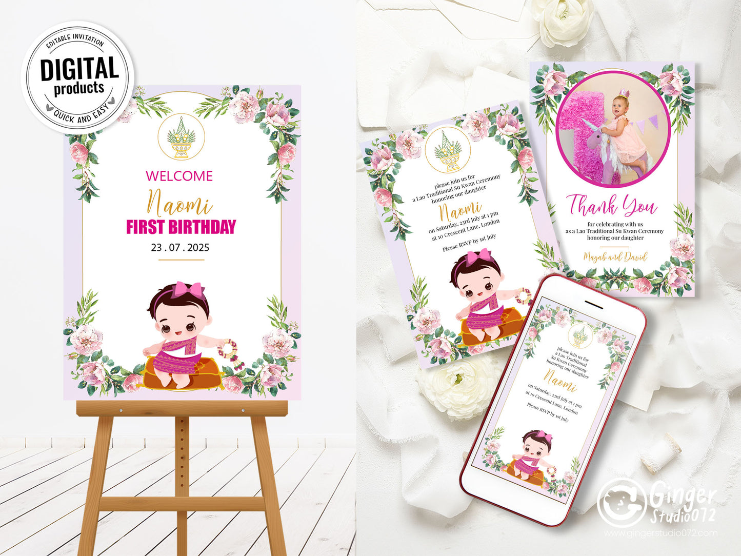 Cute 1st Birthday Invitation, Southeast Asian Theme, Customize Template #fbiv230501