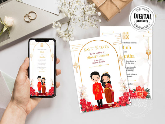 Cute Asian, Khmer, Lao, Thai Wedding invitation, E-Invite template #sewc230302