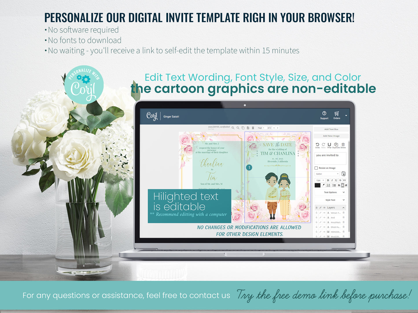 Cute Asian, Khmer, Lao, Thai Wedding invitation, E-Invite template #sewc220105