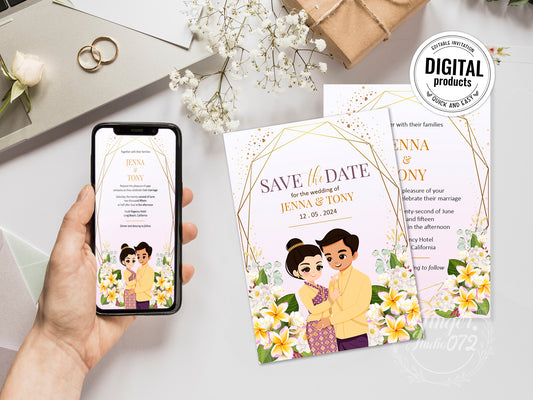 Cute Asian, Khmer, Lao, Thai Wedding invitation, E-Invite template #sewc230605