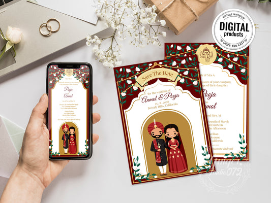 Cute Indian/Hindu wedding invite, Haldi/Mehndi/Sangeet, Customize template #idwc200706