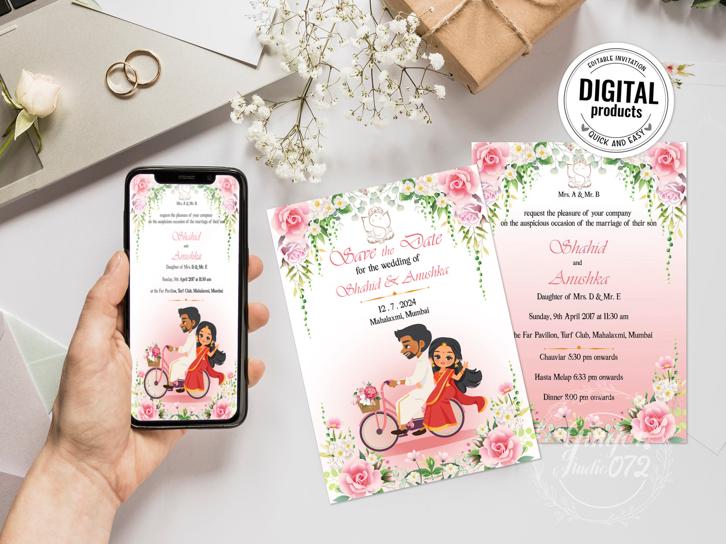 Cute Indian/Hindu wedding invite, Haldi/Mehndi/Sangeet, Customize template #idwc220402