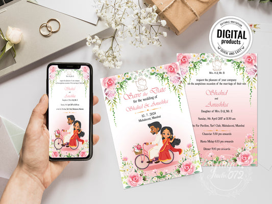 Cute Indian/Hindu wedding invite, Haldi/Mehndi/Sangeet, Customize template #idwc220402