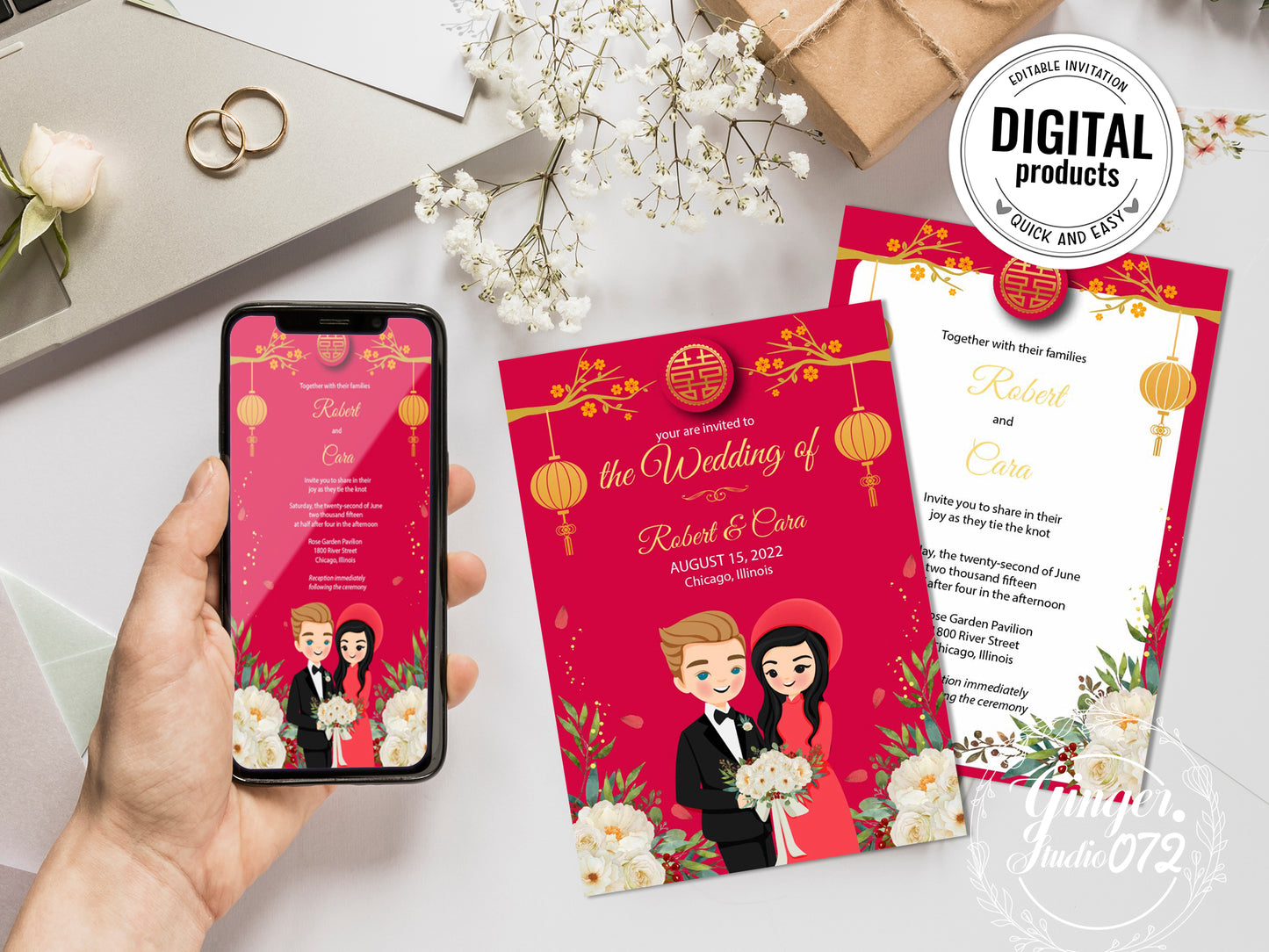 Cute Vietnamese wedding invite, Áo dài theme, Customize Invite Template #mxwd210602